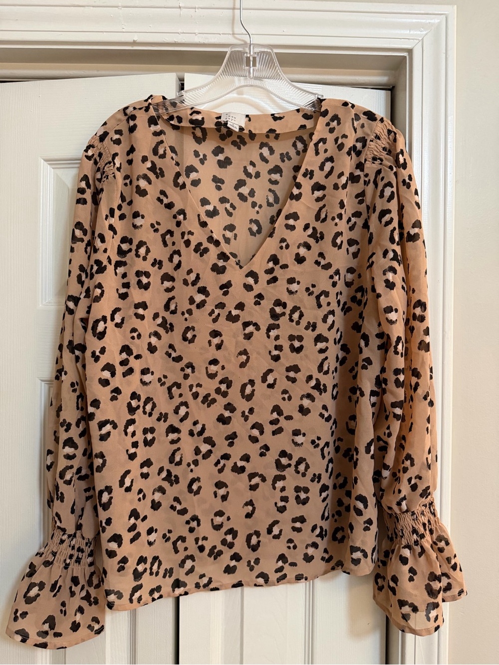 a new day Tan Leopard V-Neck Blouse with Smocked Cuffs